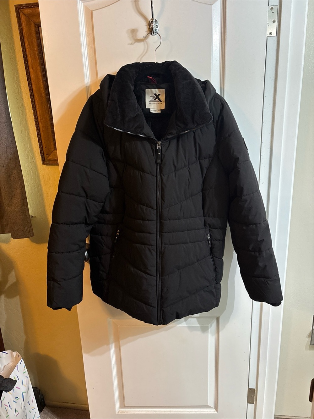 Black Quilted Puffer Jacket with Plush Collar